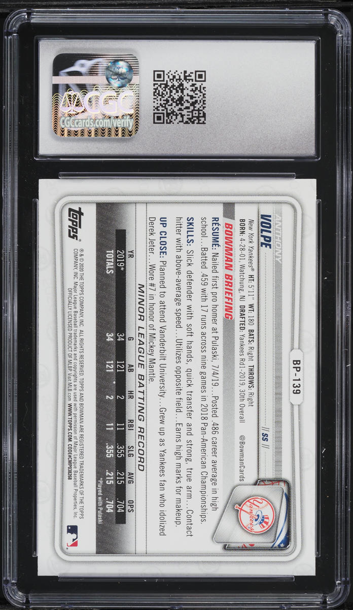 2020 Bowman Prospects Anthony Volpe ROOKIE #BP-139 CGC 9 MINT