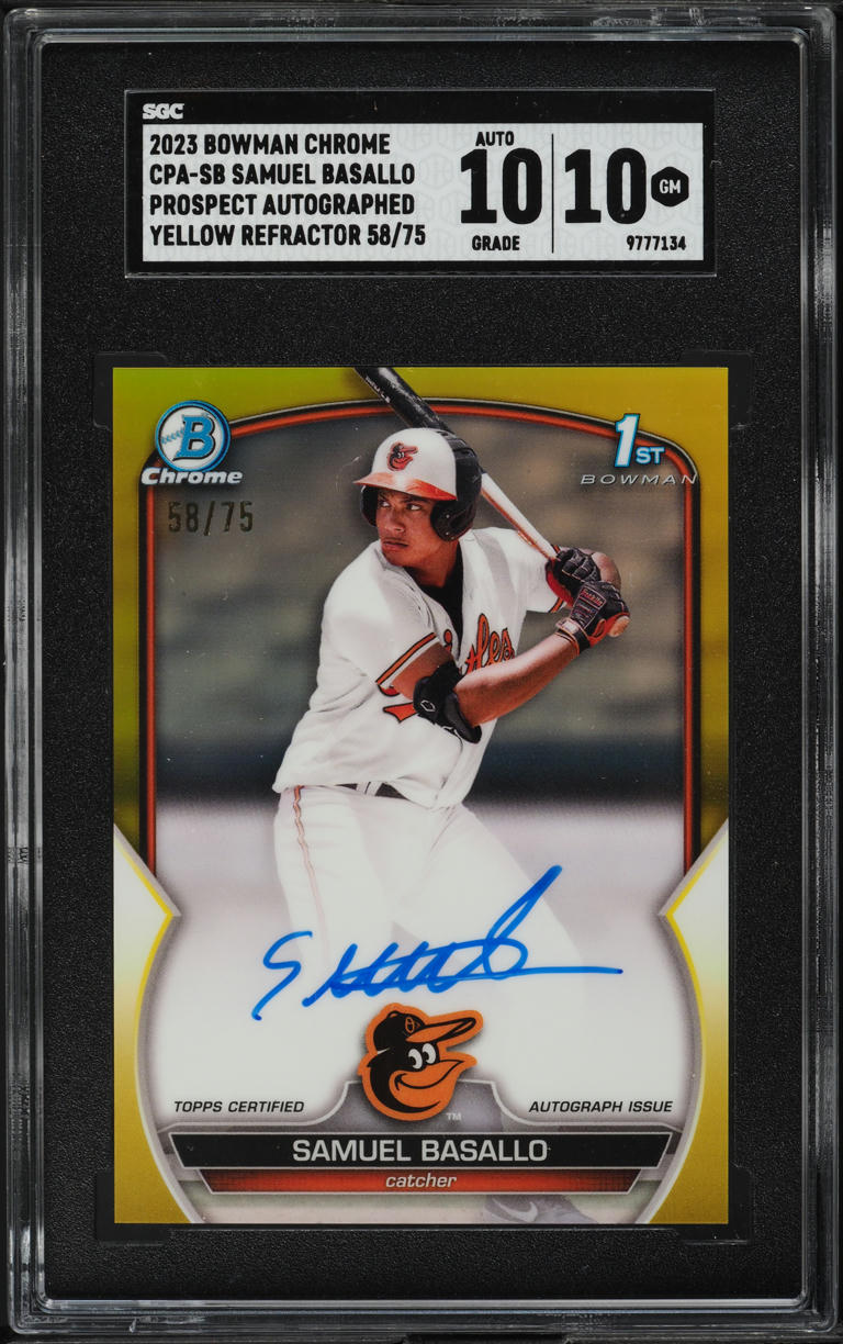 2023 Bowman Chrome Yellow Refractor Samuel Basallo ROOKIE AUTO /75 SGC 10 GEM