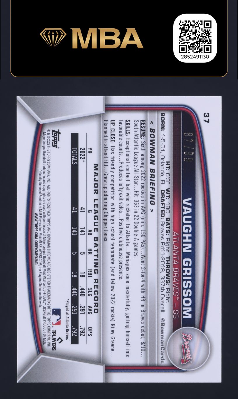 2023 Bowman Chrome Green Refractor Vaughn Grissom ROOKIE /99 #37 MBA AUTH