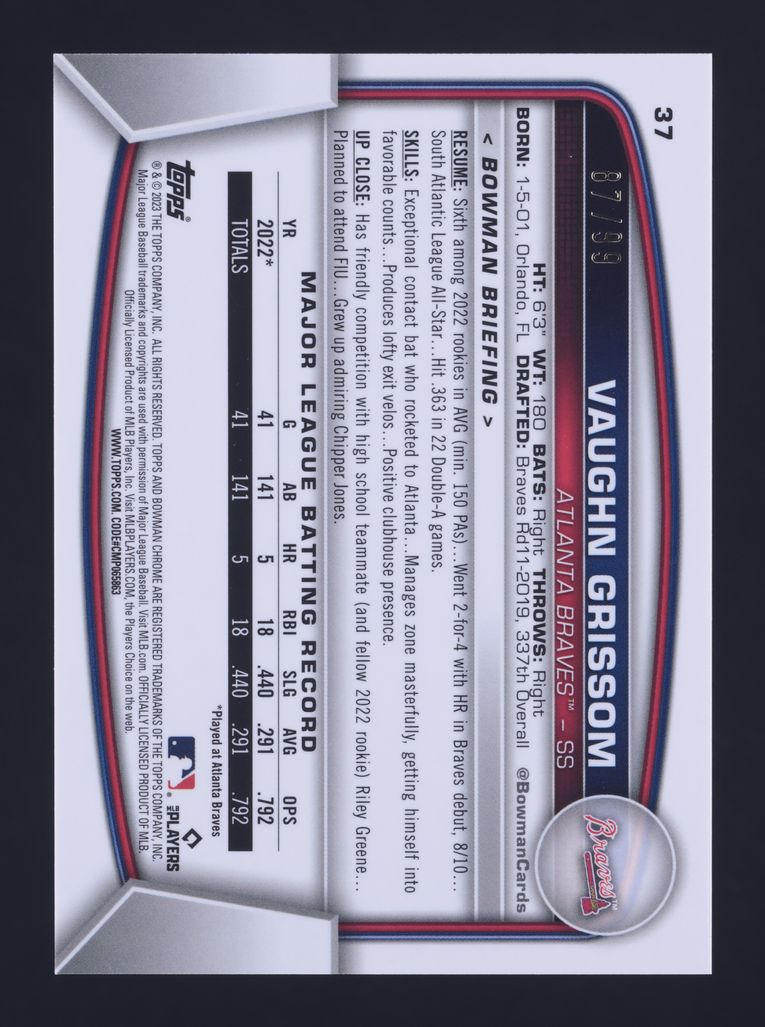 2023 Bowman Chrome Green Refractor Vaughn Grissom ROOKIE /99 #37 MBA AUTH