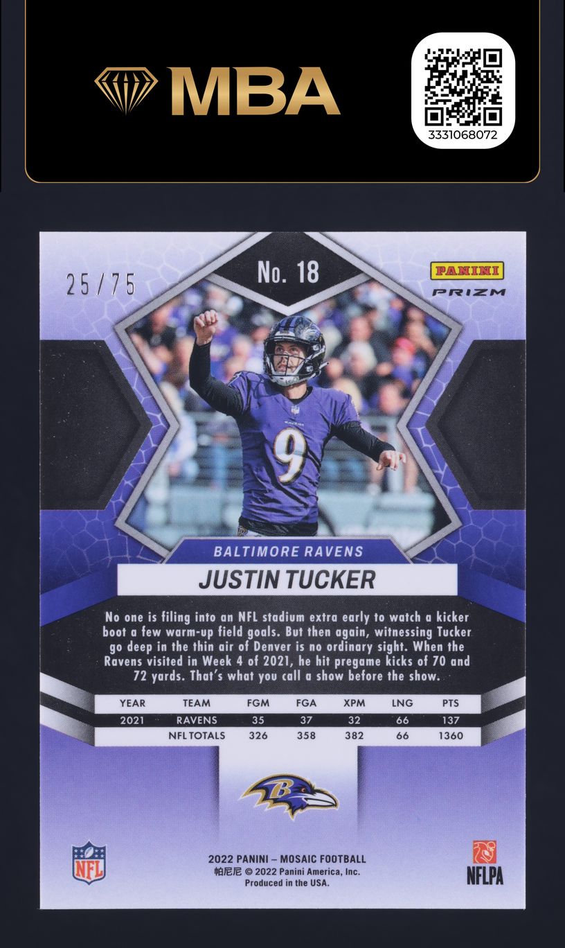 2022 Panini Mosaic No Huddle Blue Justin Tucker /75 #18 MBA AUTH