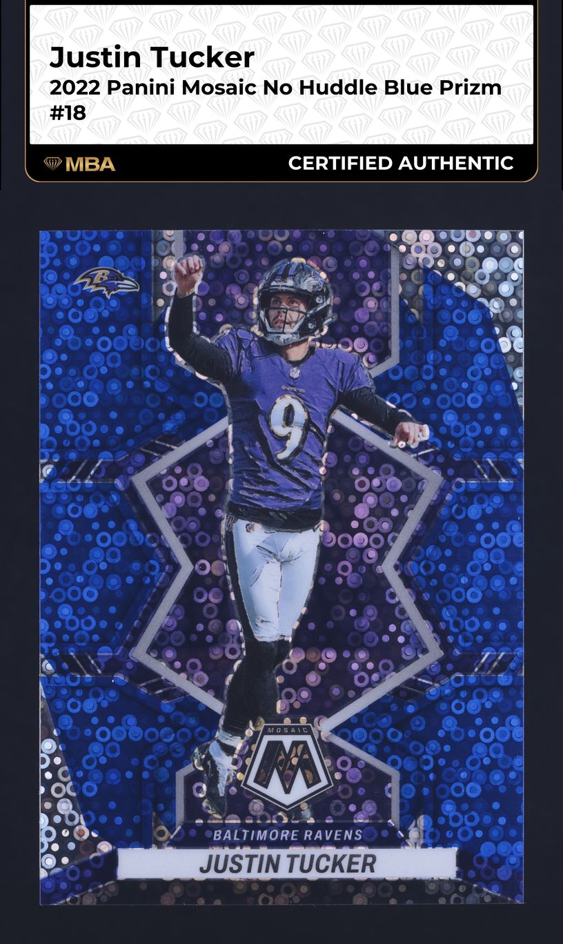 2022 Panini Mosaic No Huddle Blue Justin Tucker /75 #18 MBA AUTH