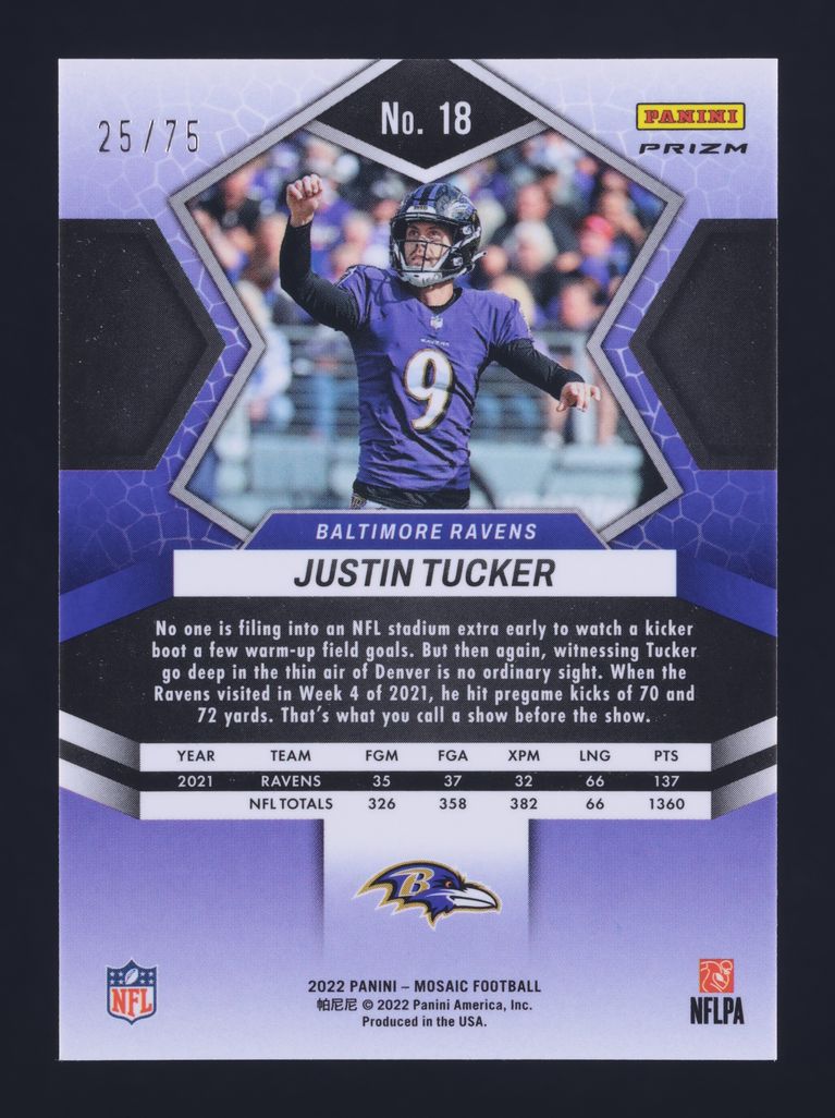 2022 Panini Mosaic No Huddle Blue Justin Tucker /75 #18 MBA AUTH