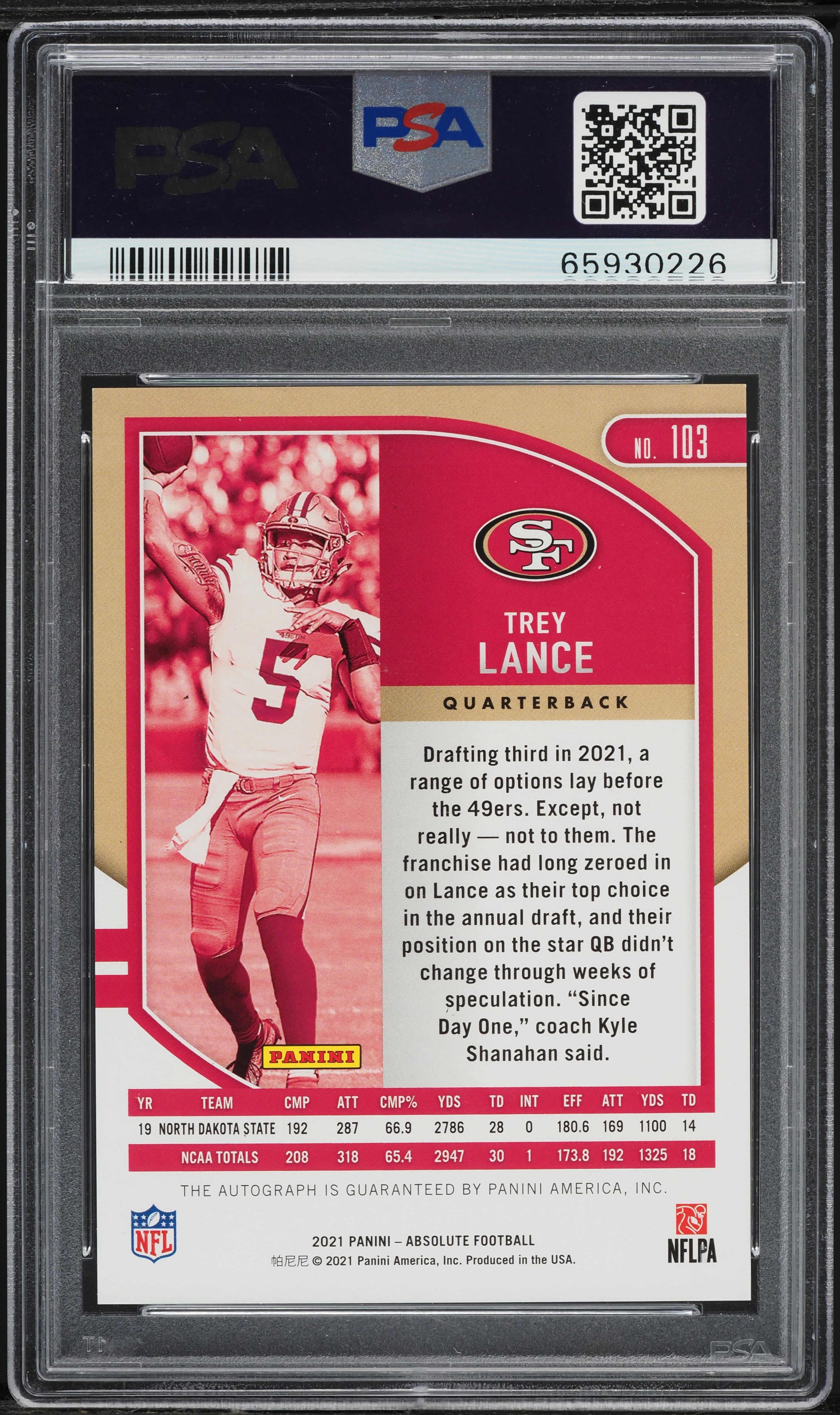 2021 Absolute Football Trey Lance ROOKIE AUTO #103 PSA 10 GEM MINT