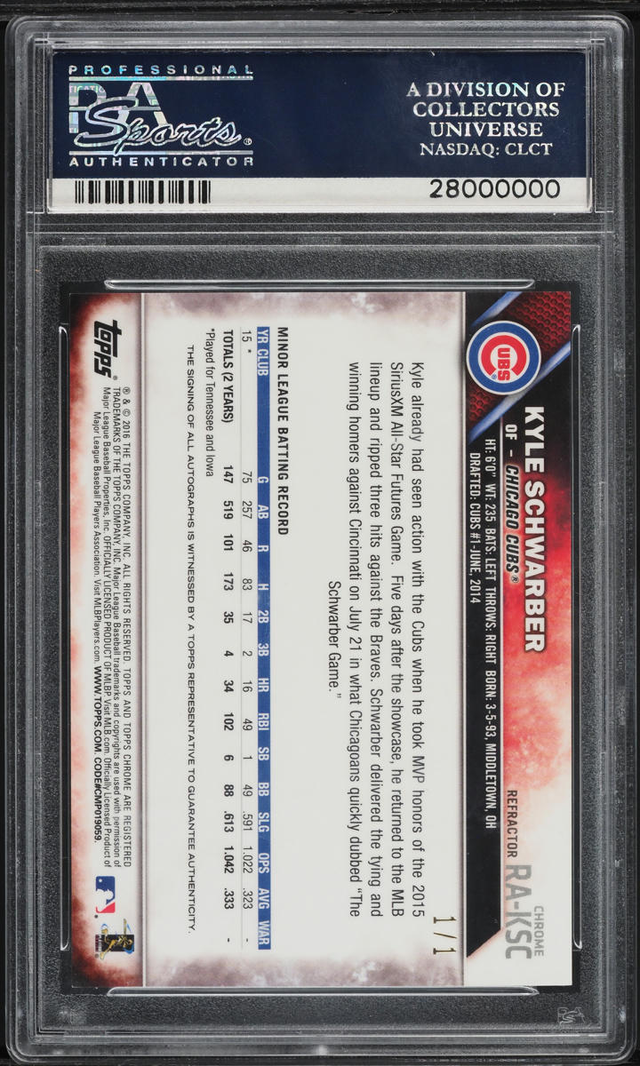 2016 Topps Chrome Superfractor Kyle Schwarber ROOKIE AUTO DNA 10 1/1 PSA 9 MINT