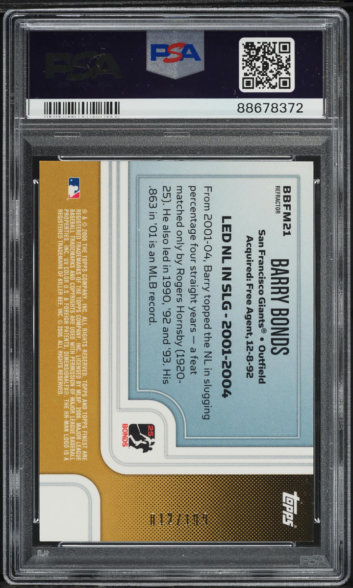 2006 Finest Moments Gold Refractor Barry Bonds /199 #21 PSA 10 GEM MINT