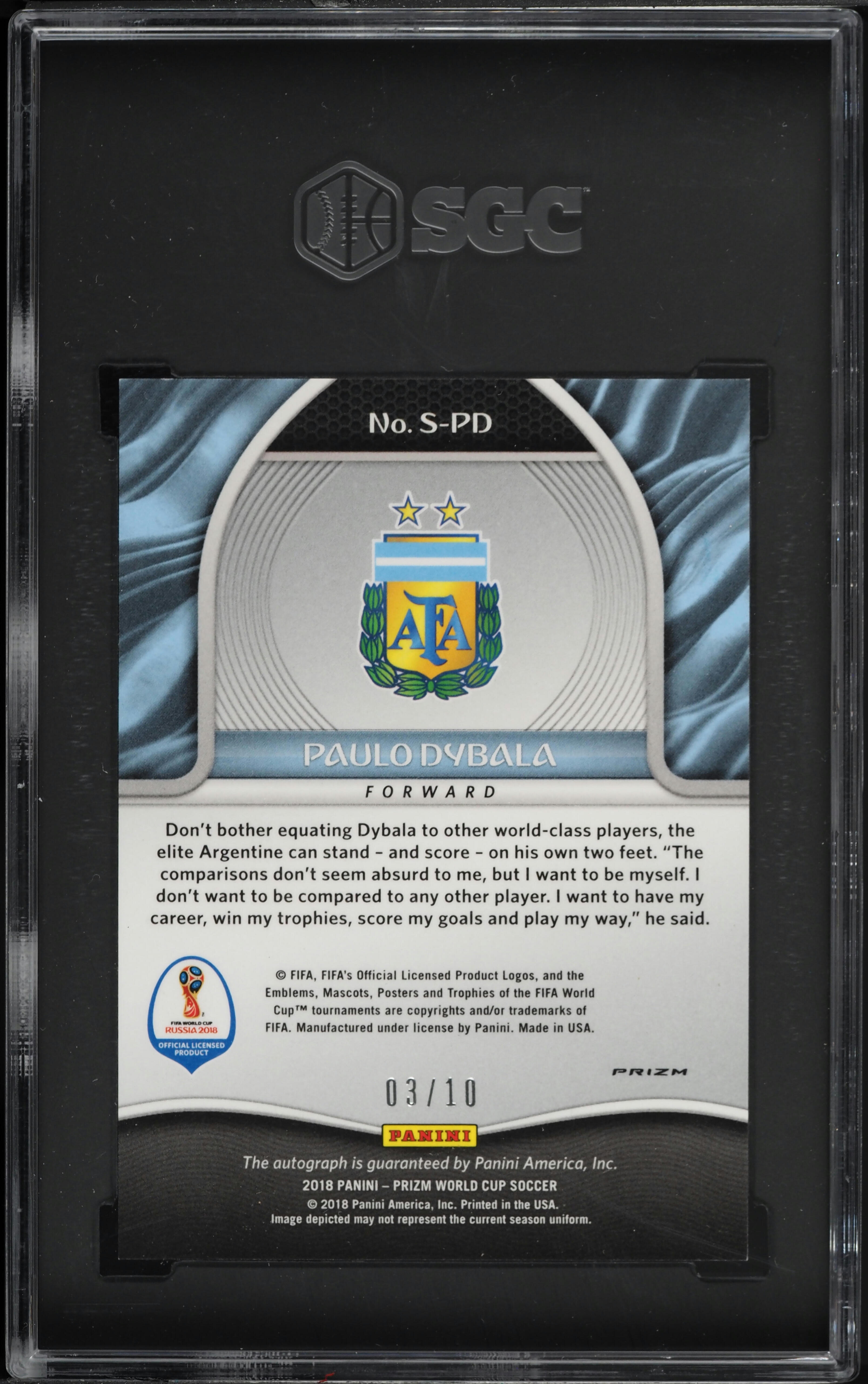 2018 Panini Prizm World Cup Gold Paulo Dybala AUTO /10 #S-PD SGC