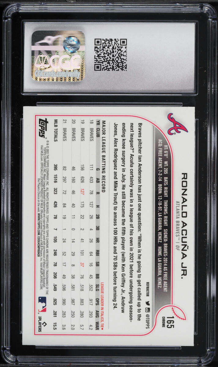 2022 Topps Chrome Refractor Ronald Acuna Jr. #165 CGC 10 GEM MINT