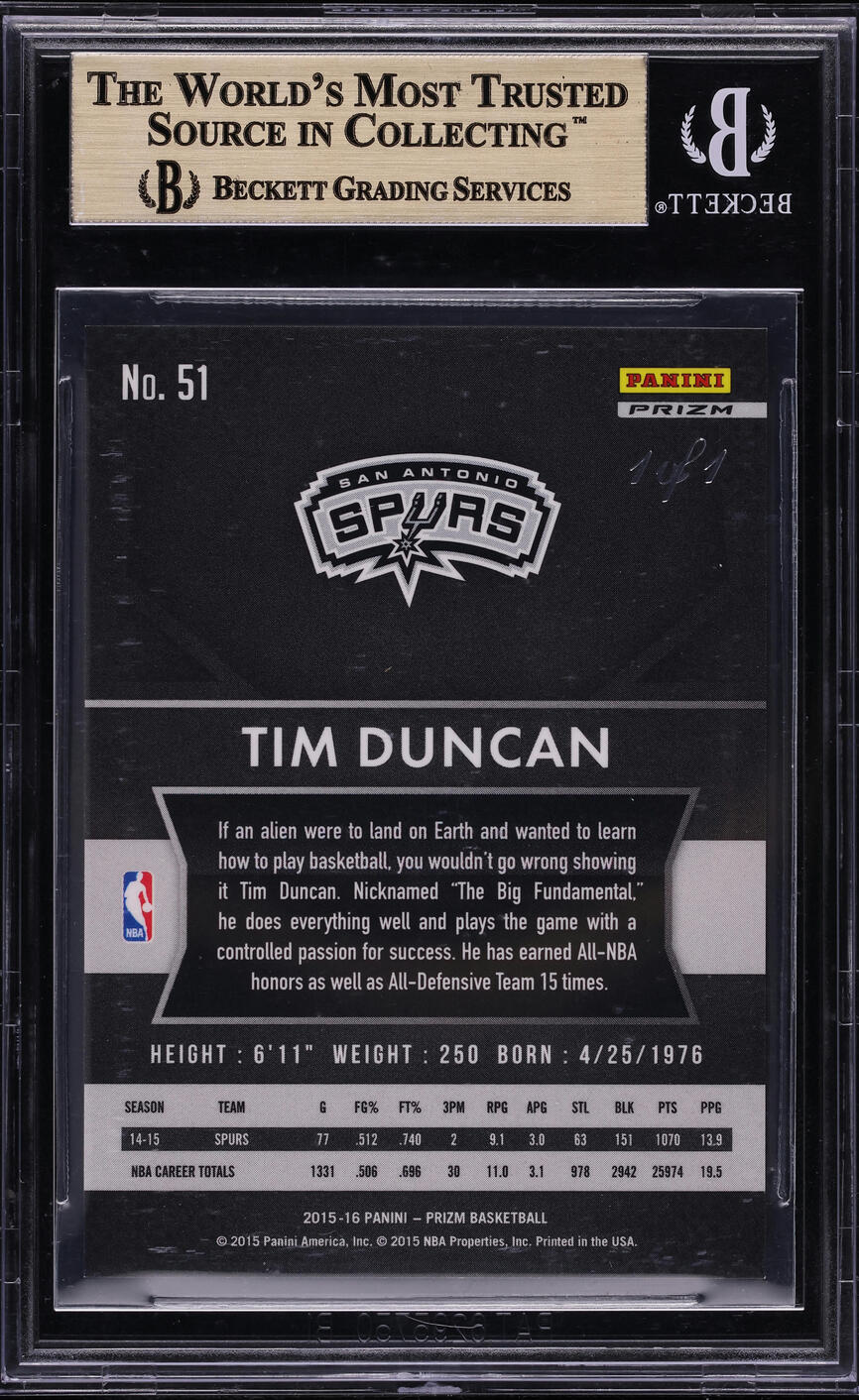 2015 Panini Prizm Black Tim Duncan 1/1 #51 BGS 9.5 GEM MINT