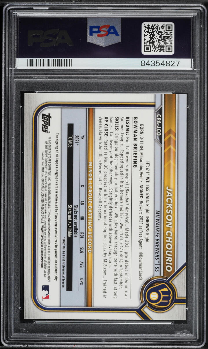 2022 Bowman Chrome Prospect Jackson Chourio ROOKIE AUTO #CPA-JCO PSA 8 NM-MT