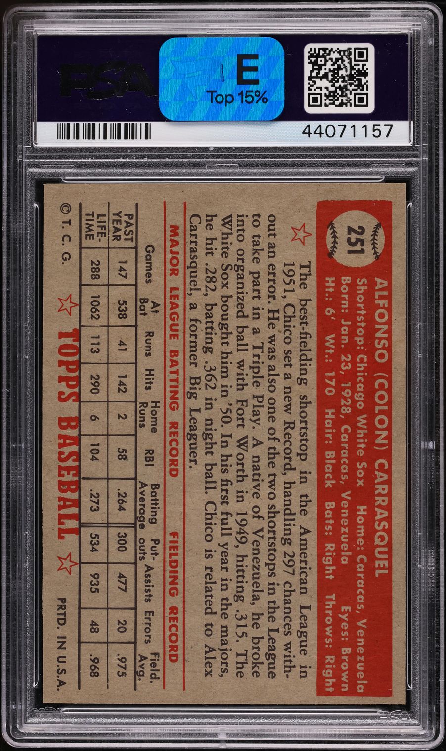 1952 Topps Chico Carrasquel #251 PSA 7 NRMT