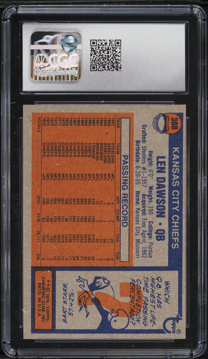 1976 Topps Football Len Dawson #308 CGC 7 NRMT