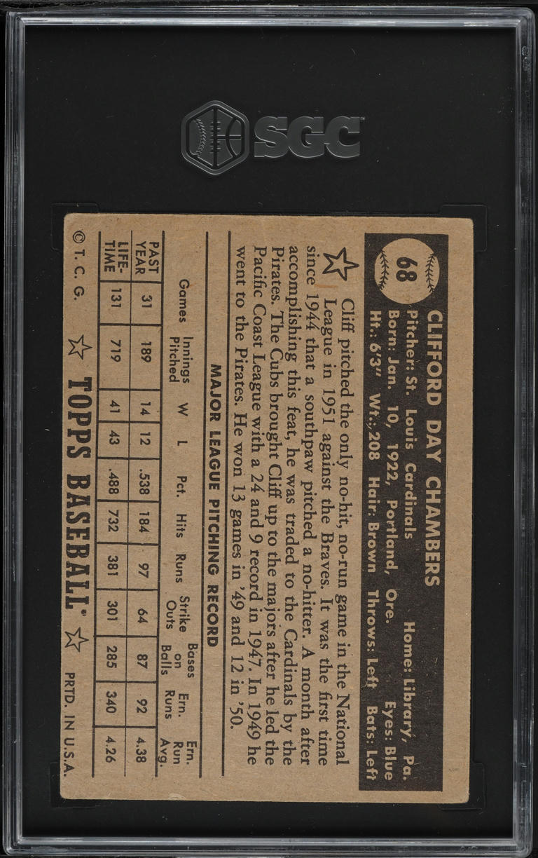 1952 Topps Cliff Chambers BLACK BACK #68 SGC 2.5 GD+
