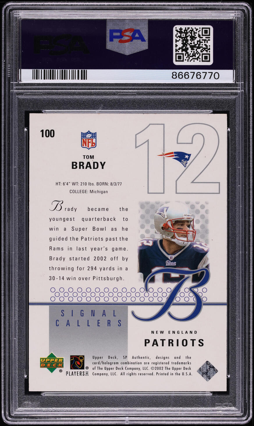 2002 SP Authentic Tom Brady /2000 #100 PSA 9 MINT