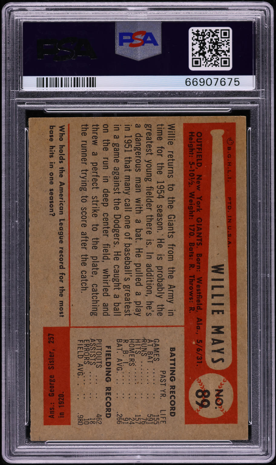 1954 Bowman Willie Mays #89 PSA 5 EX