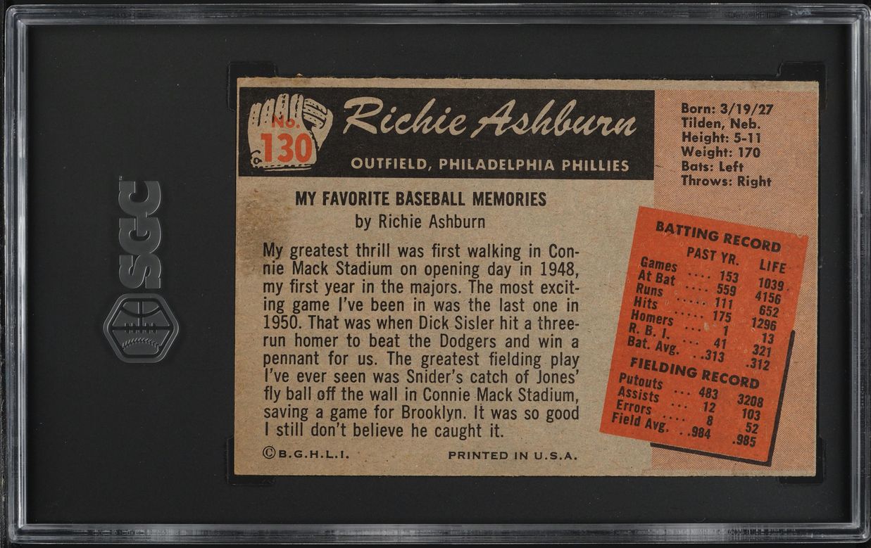 1955 Bowman Richie Ashburn #130 SGC AUTH