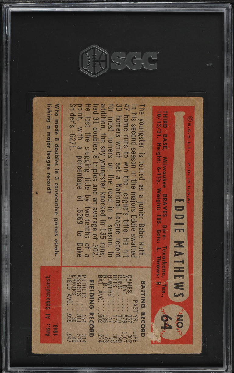 1954 Bowman Eddie Mathews #64 SGC 1.5 FR