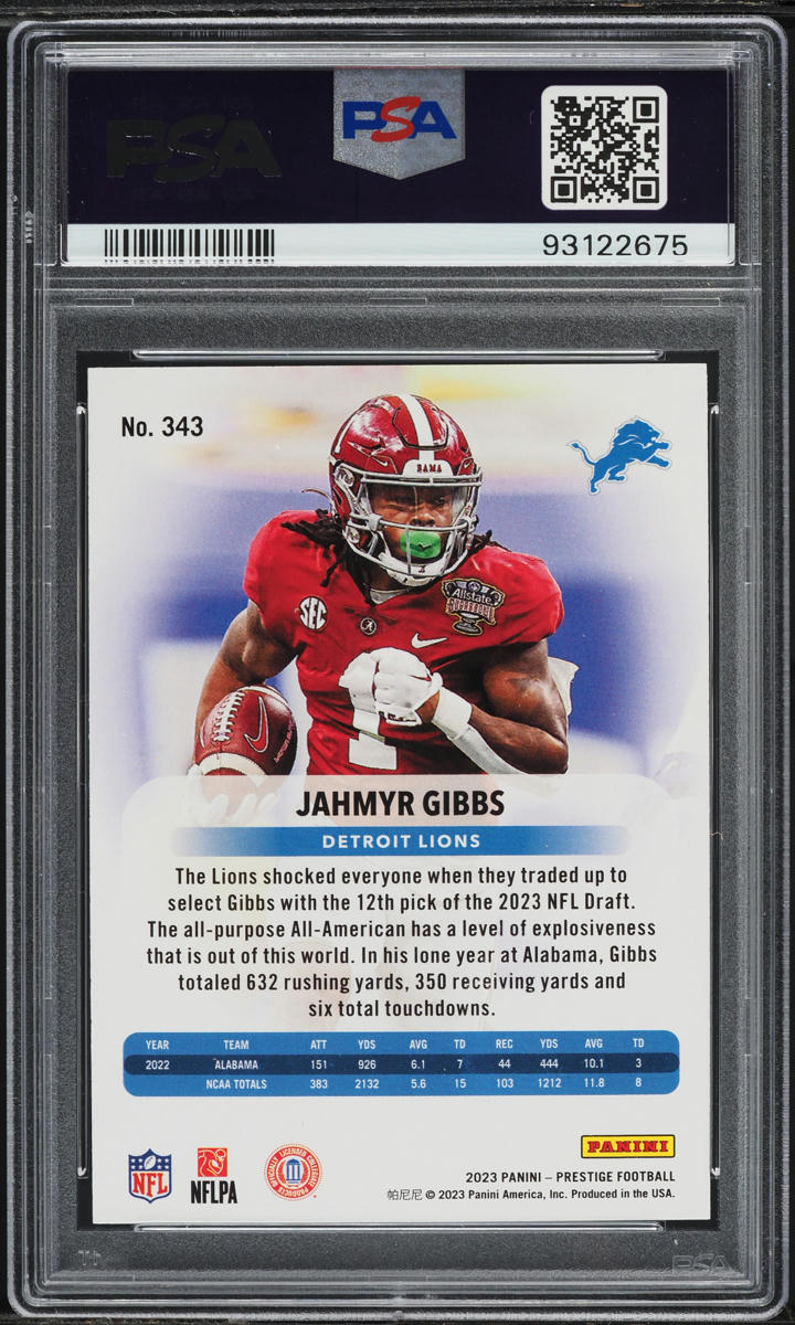 2023 Panini Prestige Galaxy Xtra Points Jahmyr Gibbs ROOKIE #343 PSA 10 GEM MINT