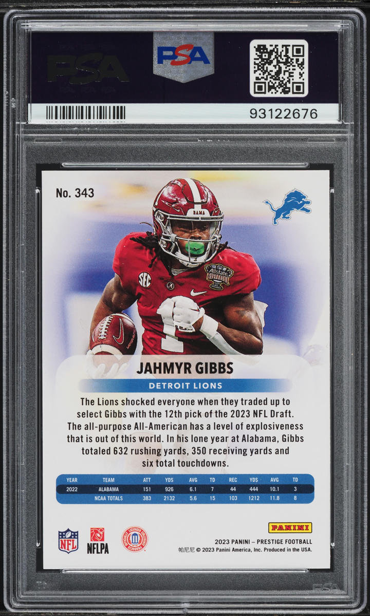 2023 Panini Prestige Jahmyr Gibbs ROOKIE #343 PSA 10 GEM MINT