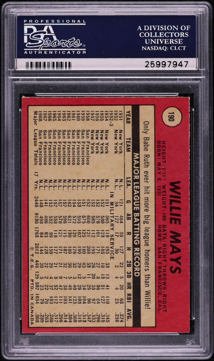 1969 O-Pee-Chee Willie Mays #190 PSA 7 NRMT
