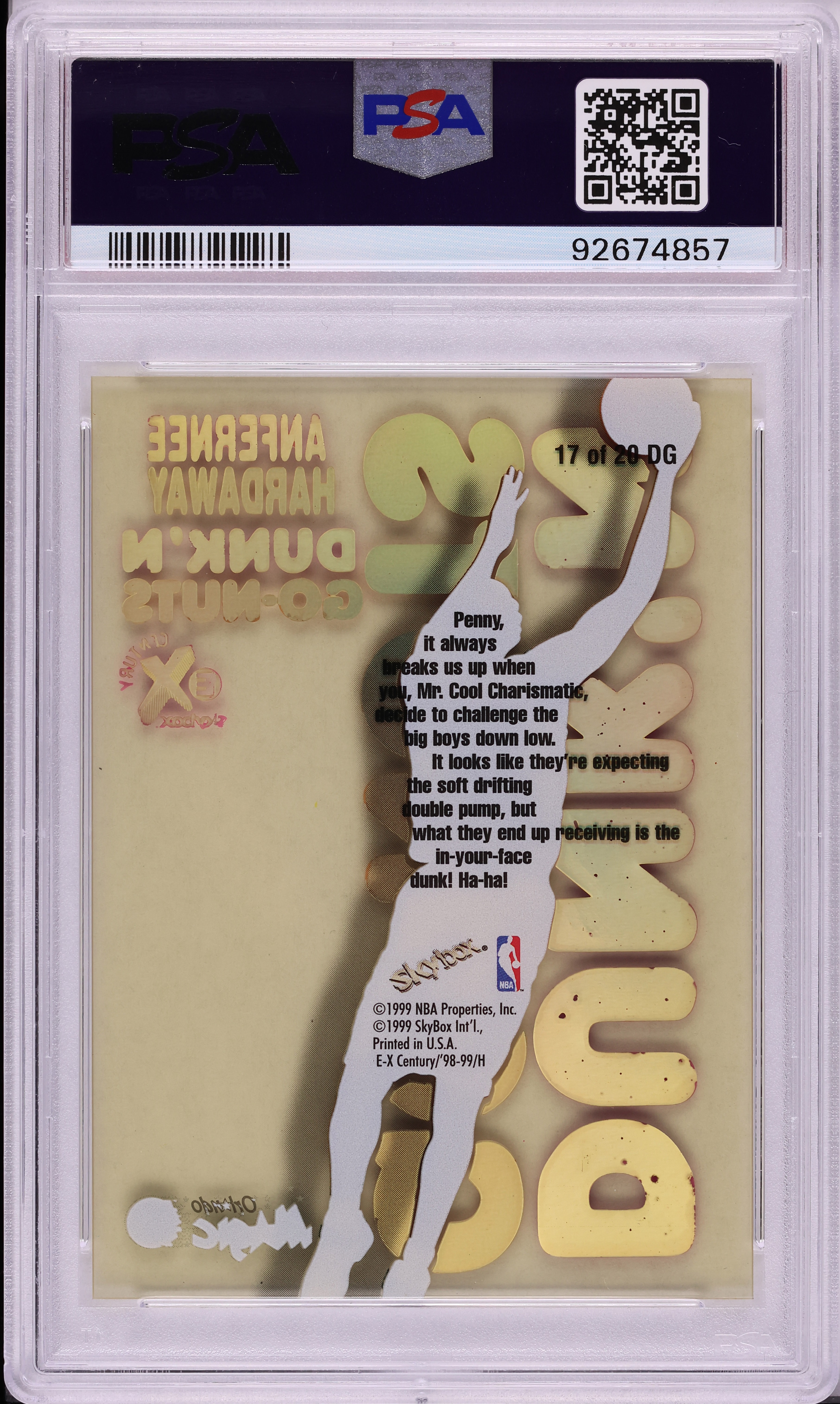 1998 Skybox E-X Century Dunk 'N Go Nuts Anfernee Hardaway #17 PSA
