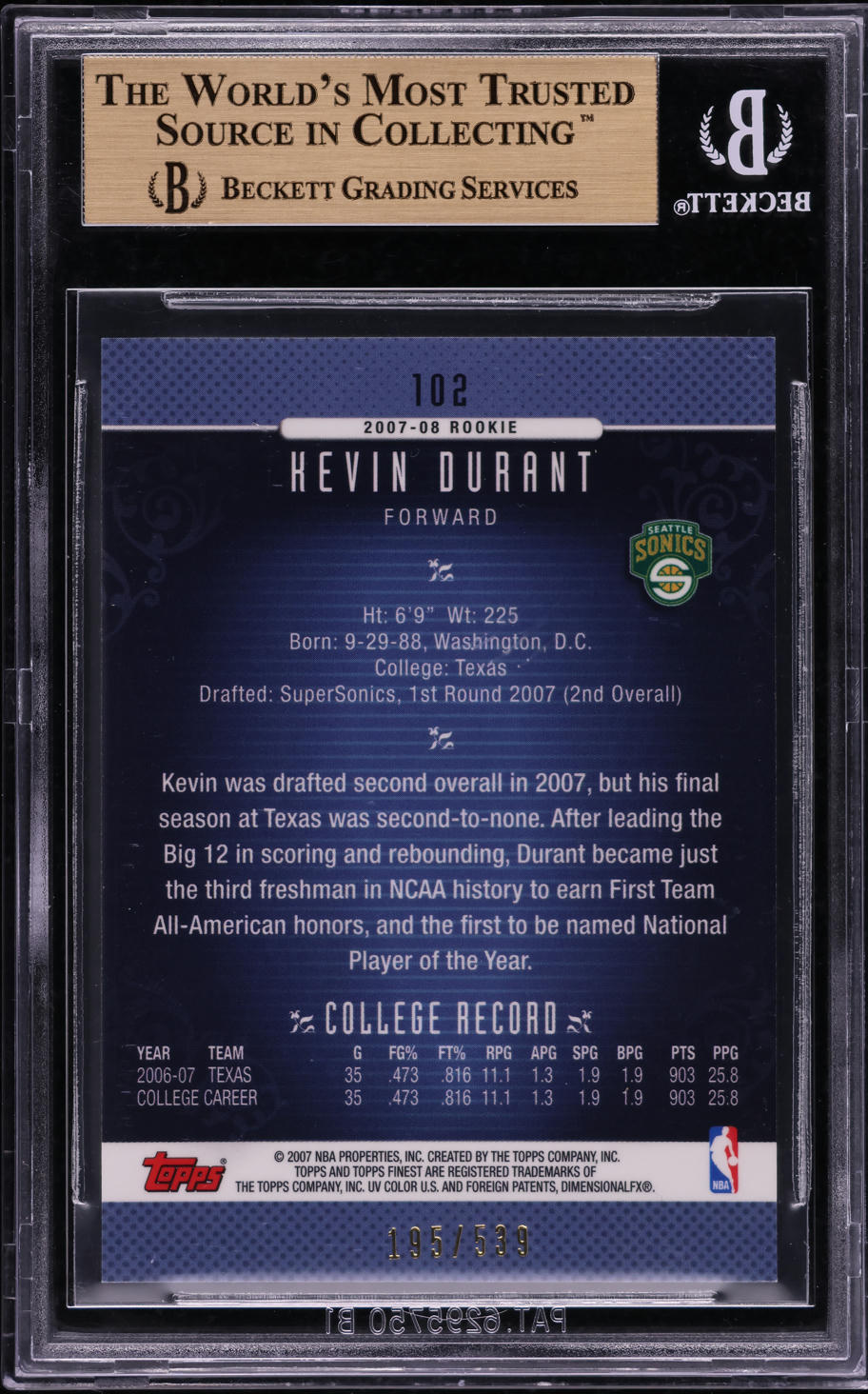 2006 Finest Basketball Kevin Durant ROOKIE /539 #102 BGS 9.5 GEM MINT