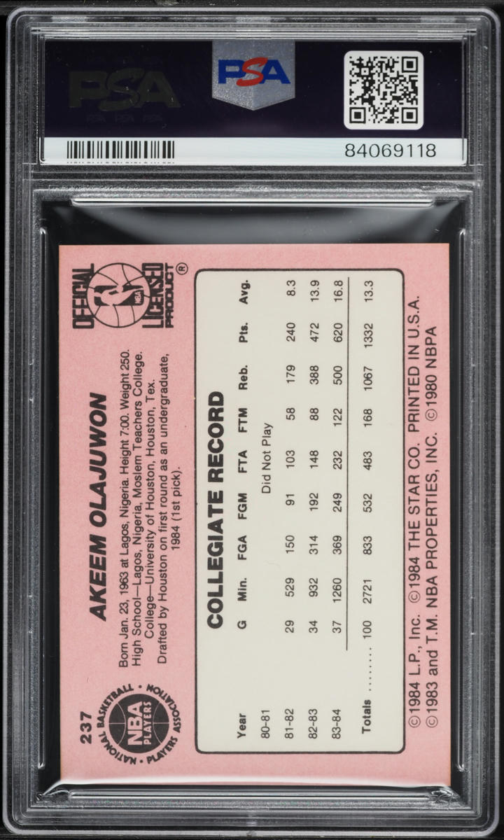 1984-85 Star Basketball Hakeem Olajuwon ROOKIE #237 PSA 8 NM-MT on