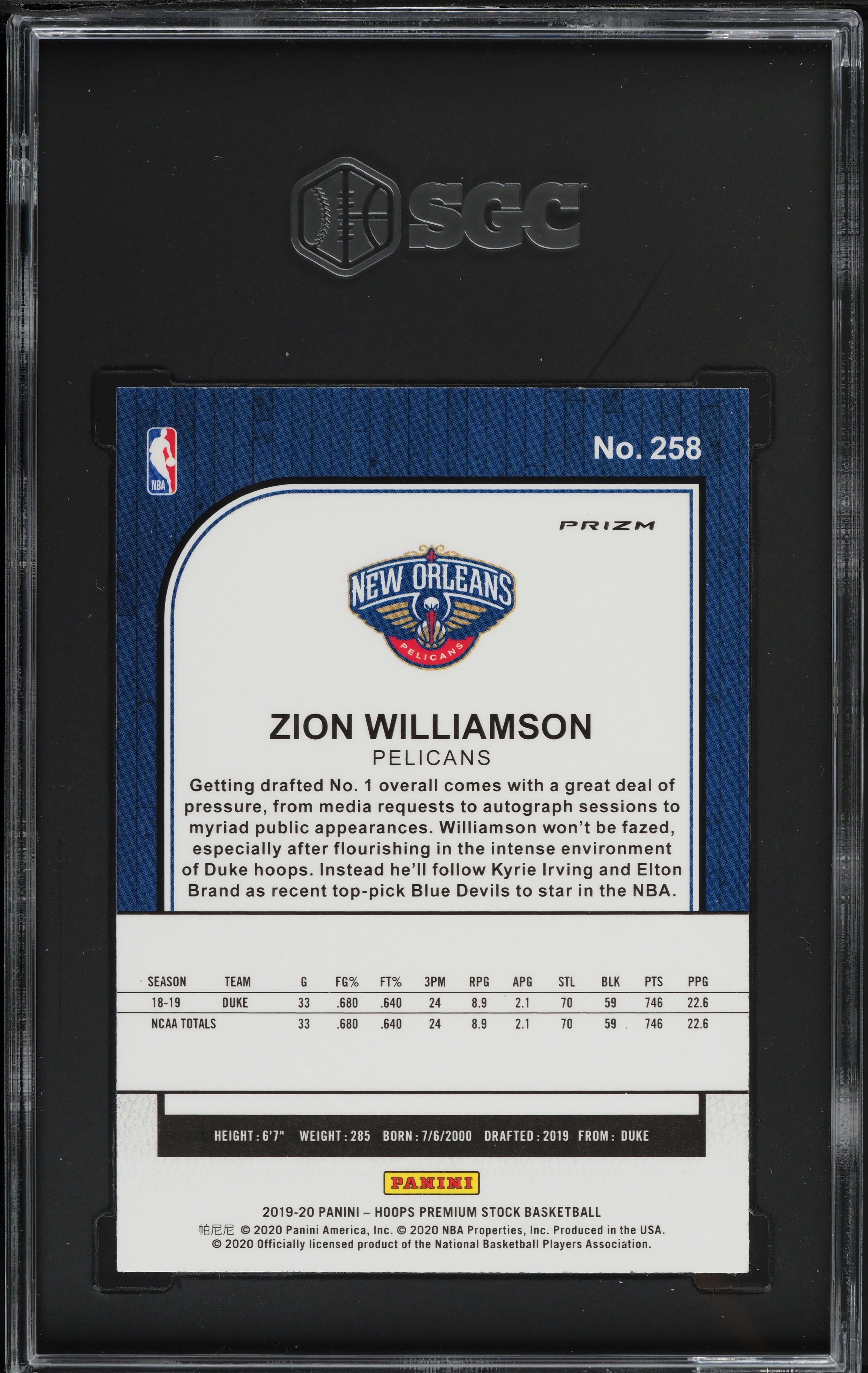 2019 Hoops Premium Stock Purple Disco Prizm Zion Williamson ROOKIE