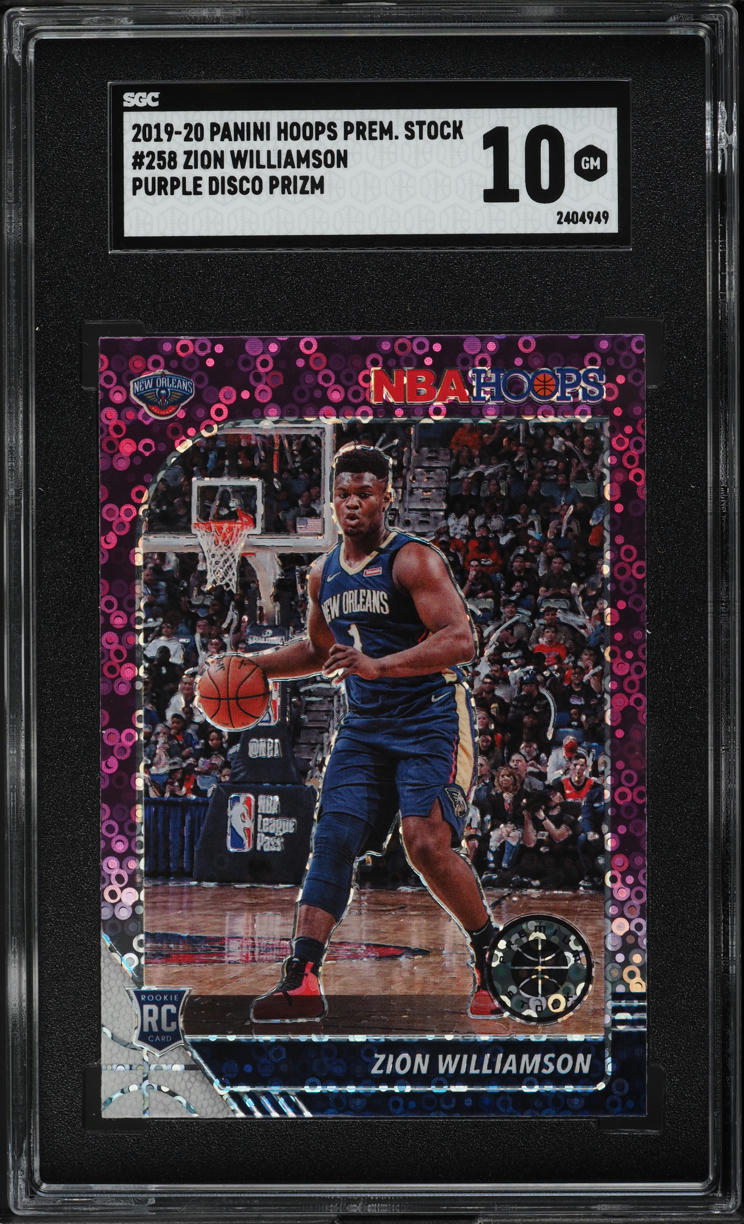 2019 Hoops Premium Stock Purple Disco Prizm Zion Williamson ROOKIE #258 SGC 10