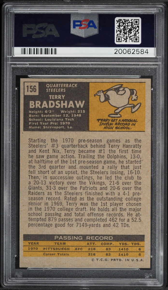 1971 Topps Football Terry Bradshaw ROOKIE #156 PSA 8.5 NM-MT+