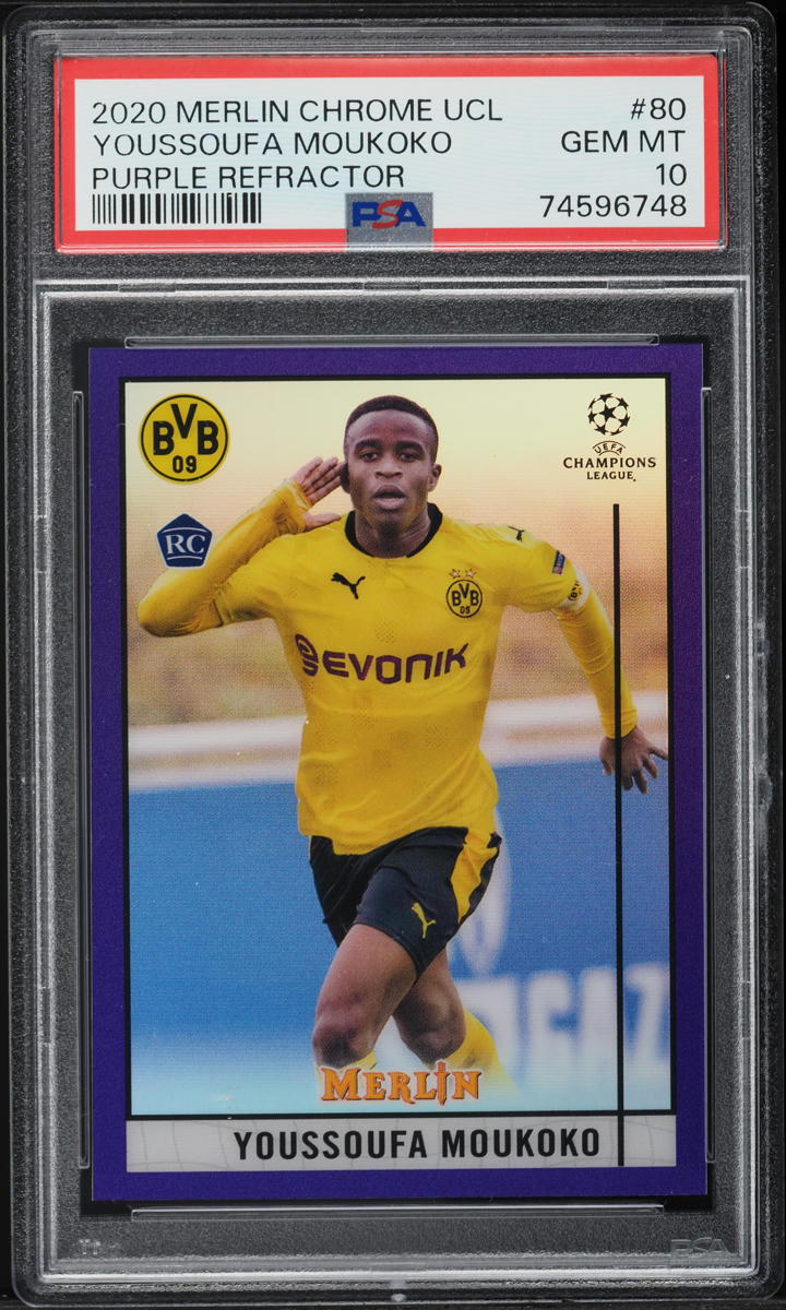 2020 Topps Merlin Chrome UEFA Purple Refractor Youssoufa Moukoko RC /299 PSA 10