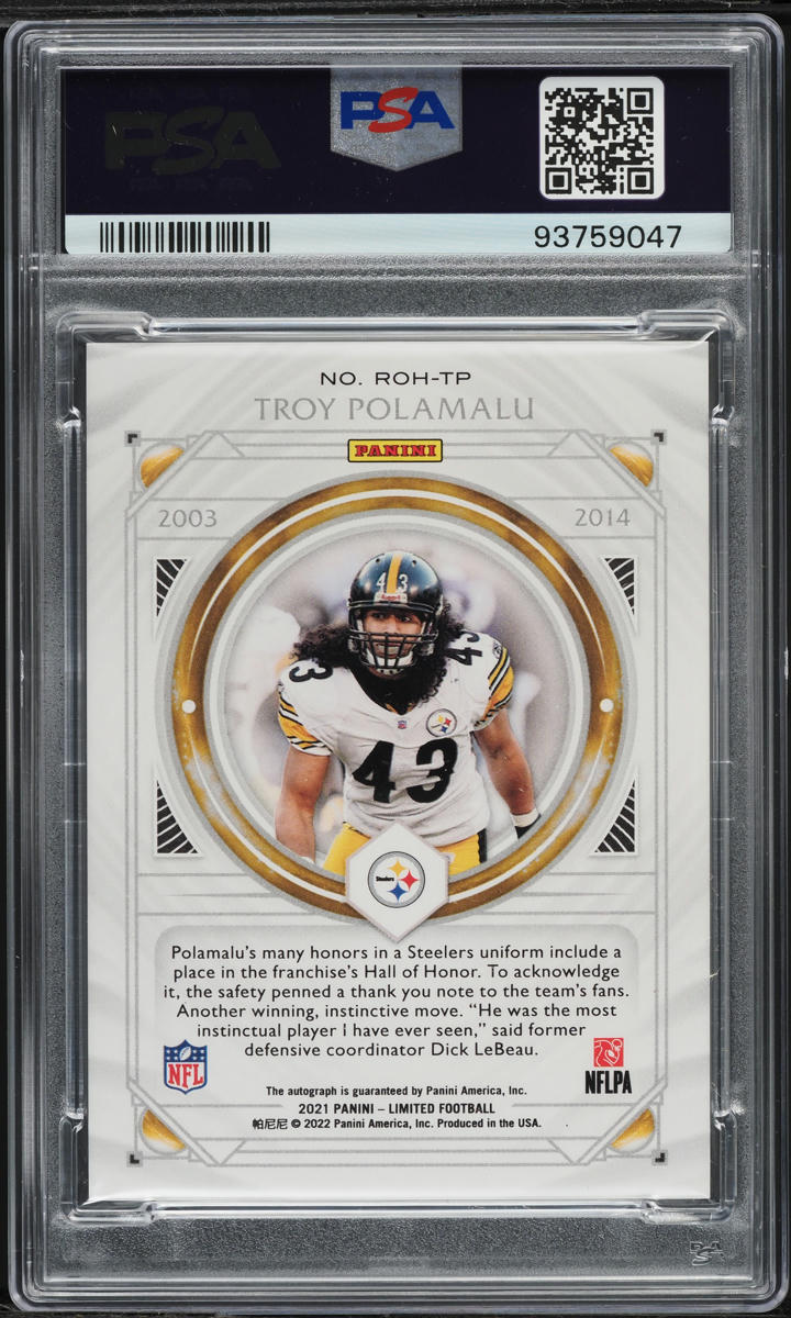 2021 Panini Limited Ring Of Honor Holo Spotlight Troy Polamalu AUTO /23 PSA 8