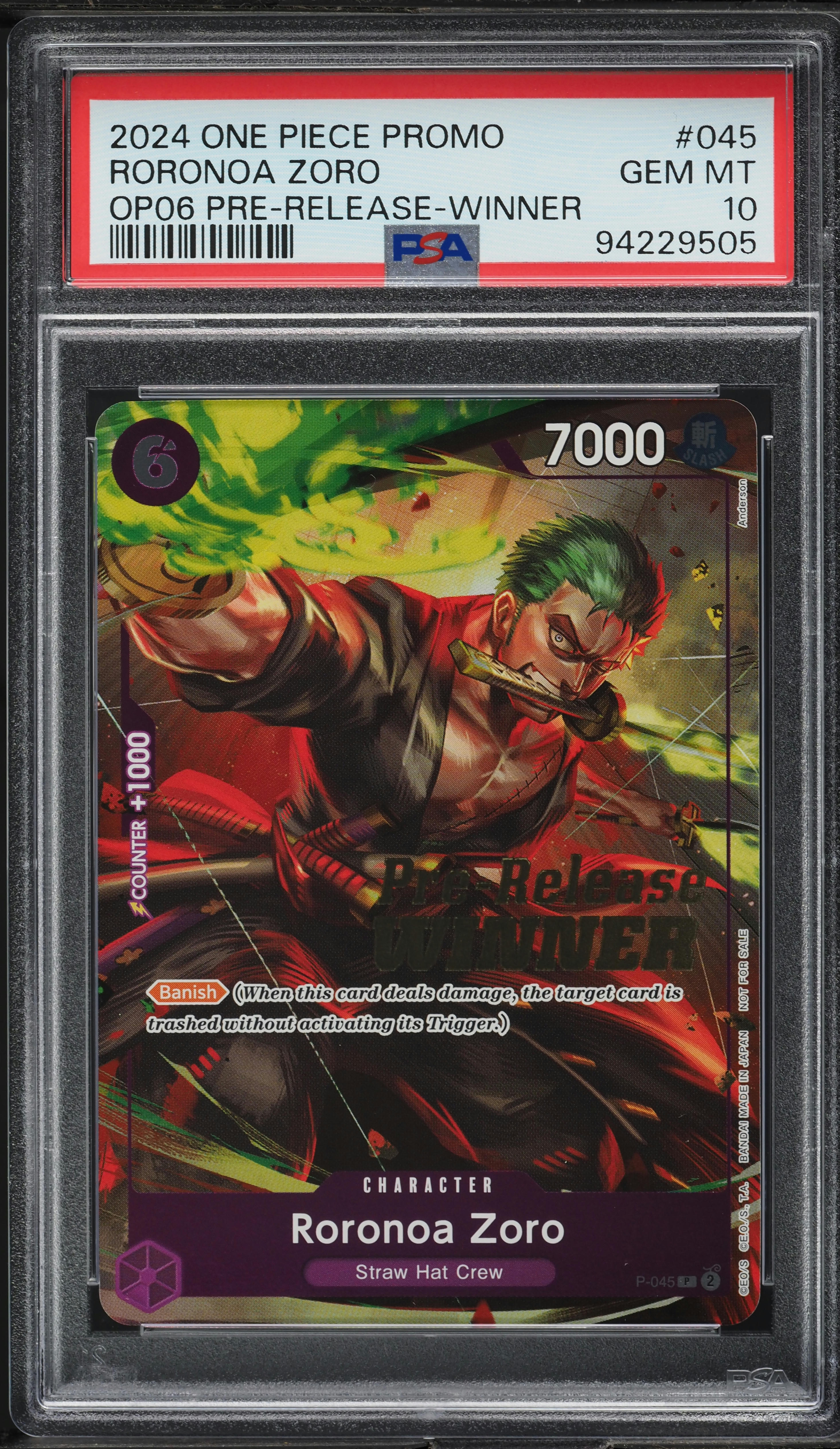 2024 One Piece Promo Pre-Release Winner Roronoa Zoro #P-045 PSA 10