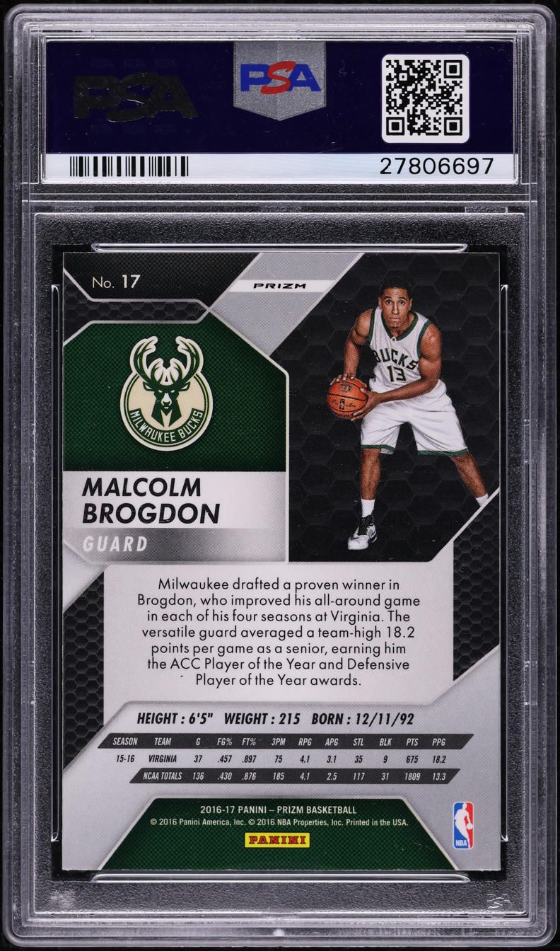 2016 Panini Prizm Silver Malcolm Brogdon ROOKIE #17 PSA 9 MINT on