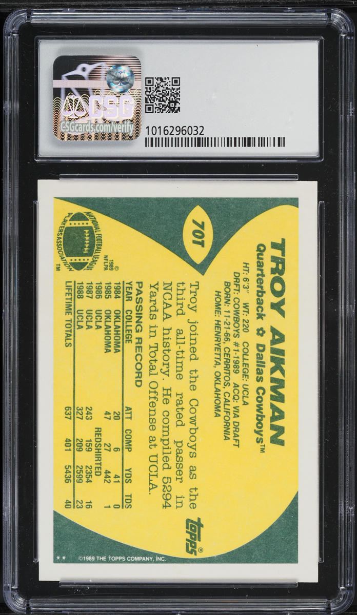 1989 Topps Traded Troy Aikman ROOKIE #70T CSG 9 MINT