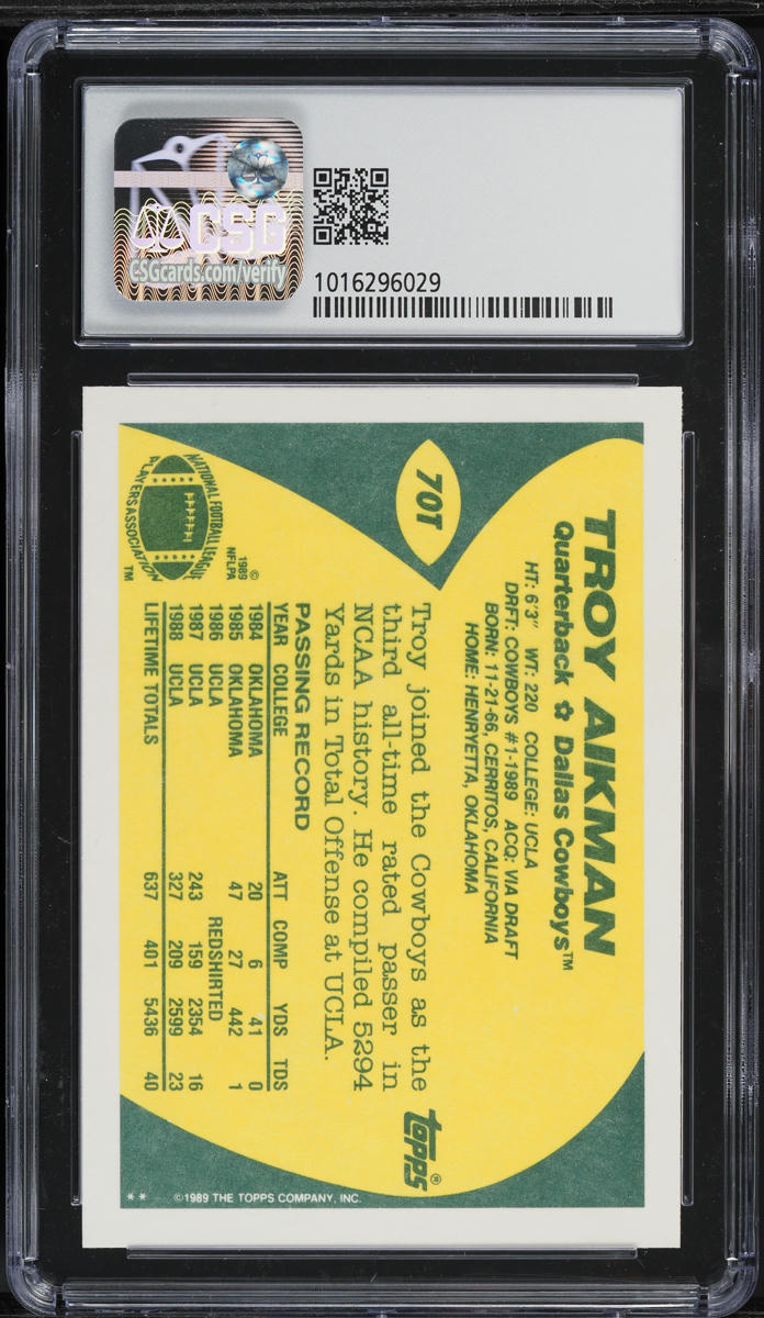 1989 Topps Traded Troy Aikman ROOKIE #70T CSG 9 MINT