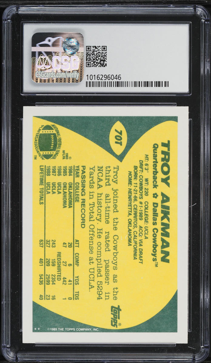 1989 Topps Traded Troy Aikman ROOKIE #70T CSG 9 MINT