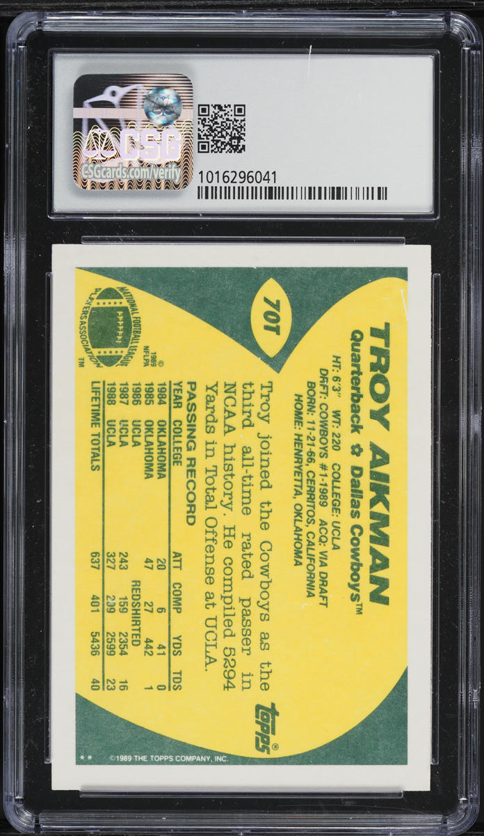 1989 Topps Traded Troy Aikman ROOKIE #70T CSG 9 MINT
