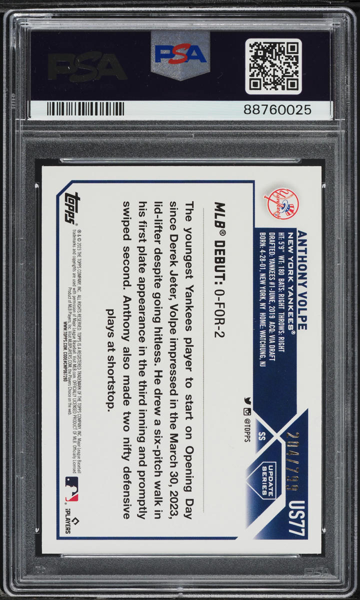 2023 Topps Update Purple Foil Anthony Volpe ROOKIE /799 #US77 PSA 9 MINT