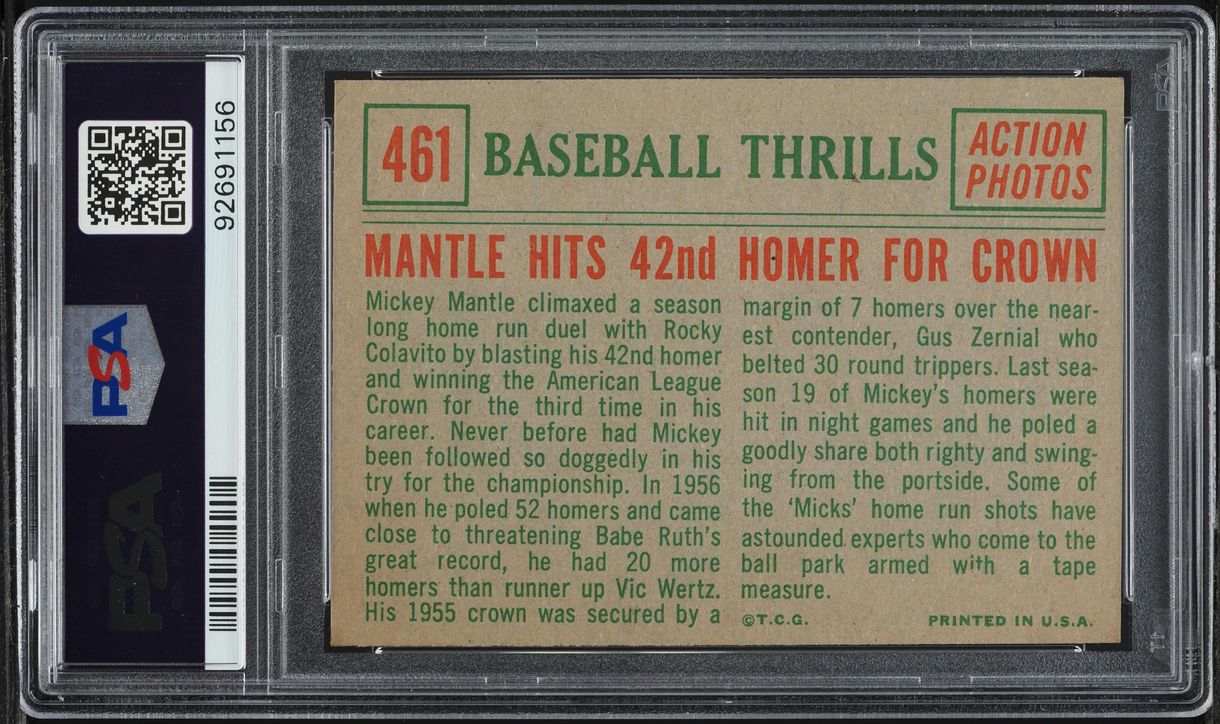 1959 Topps Mickey Mantle HITS 42ND HOMER FOR CROWN #461 PSA 7 NRMT