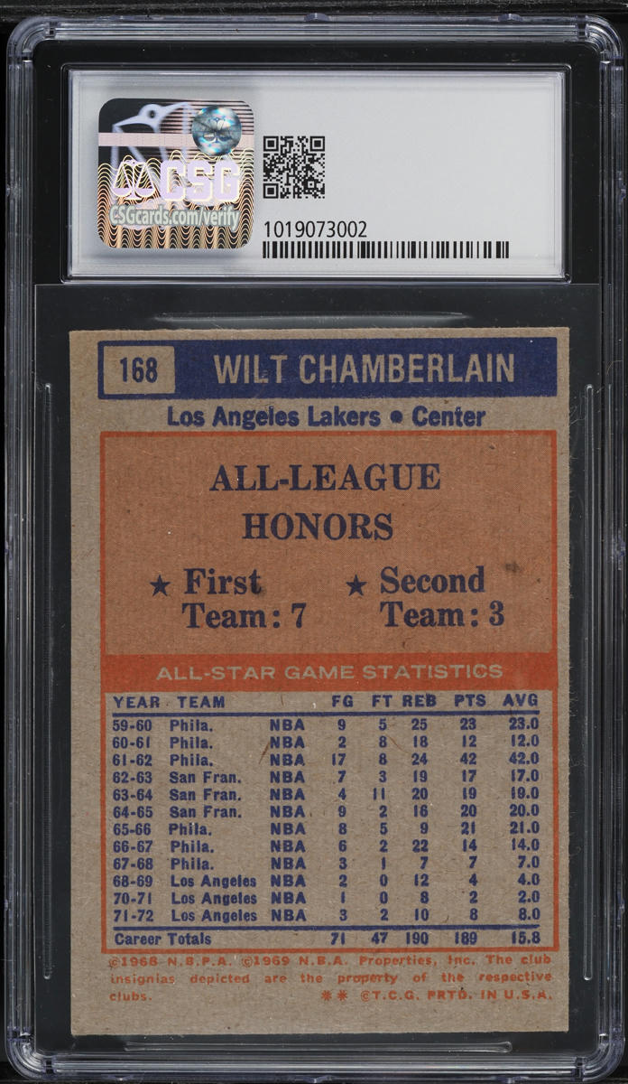 1972 Topps Basketball Wilt Chamberlain ALL-STAR #168 CSG 5 EX