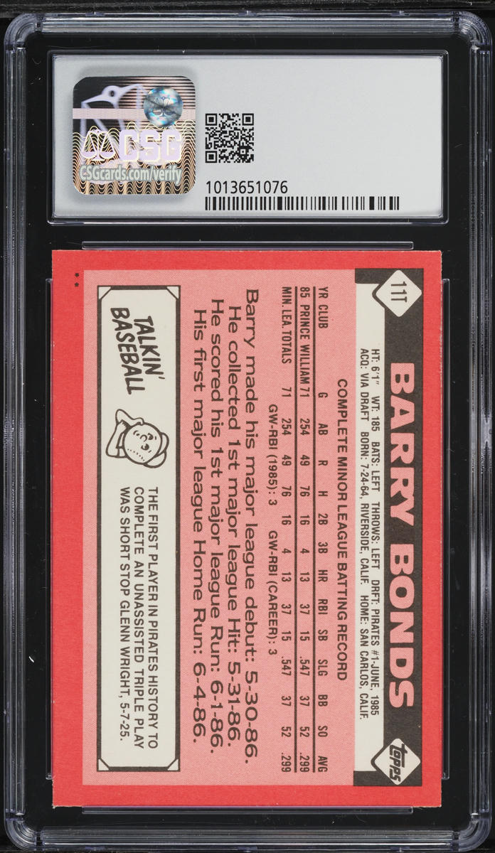 1986 Topps Traded Barry Bonds ROOKIE #11T CSG 8.5 NM-MT+