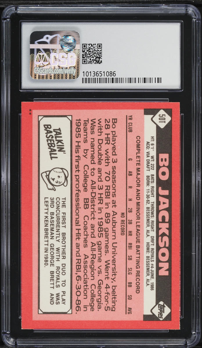 1986 Topps Traded Bo Jackson ROOKIE #50T CSG 8.5 NM-MT+