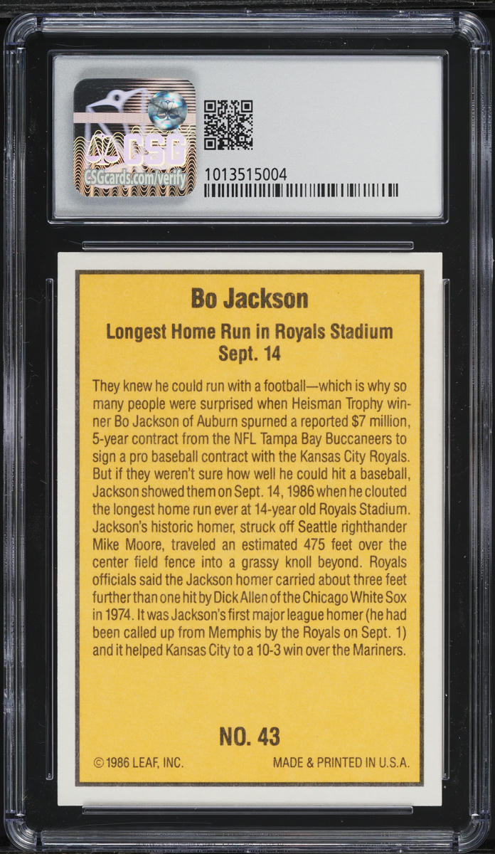 1986 Donruss Highlights Bo Jackson ROOKIE #43 CSG 9.5 GEM MINT