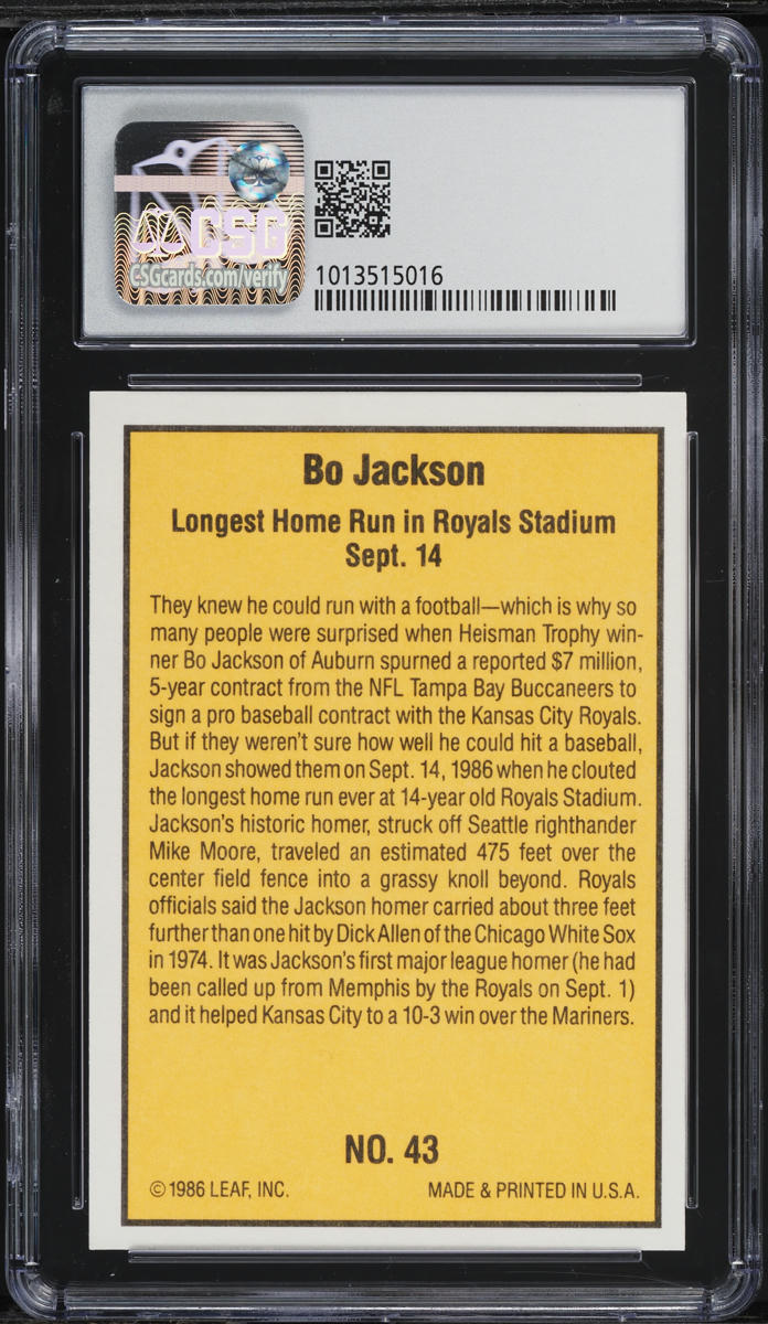 1986 Donruss Highlights Bo Jackson ROOKIE #43 CSG 9.5 GEM MINT