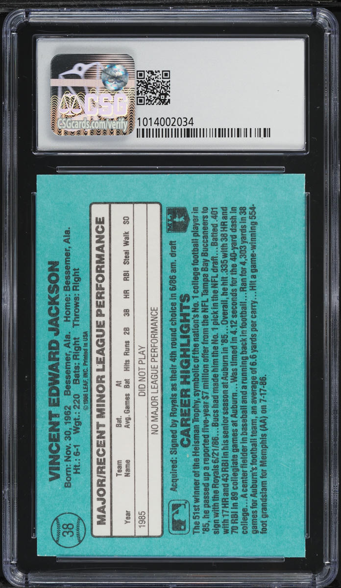 1986 Donruss The Rookies Bo Jackson ROOKIE #38 CSG 9 MINT