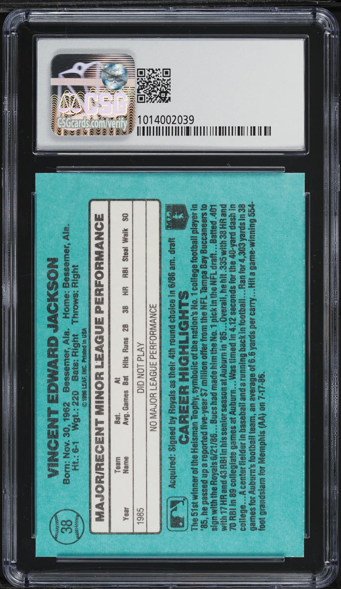 1986 Donruss The Rookies Bo Jackson ROOKIE #38 CSG 10 GEM MINT