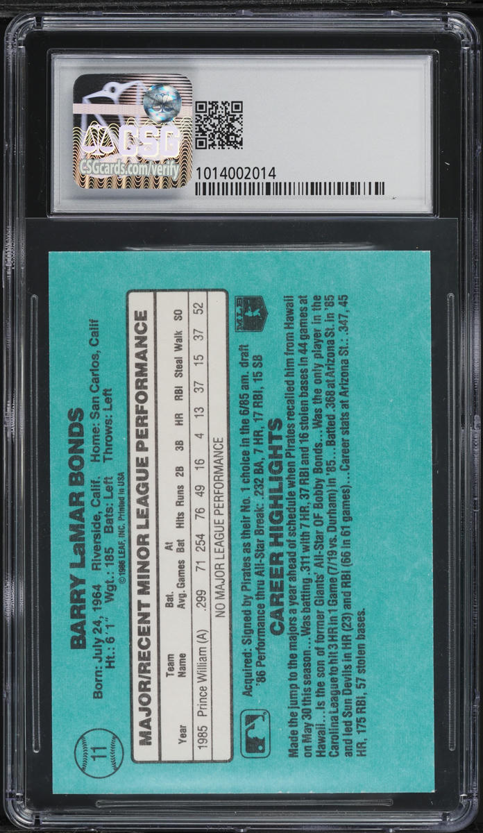 1986 Donruss The Rookies Barry Bonds ROOKIE #11 CSG 8.5 NM-MT+