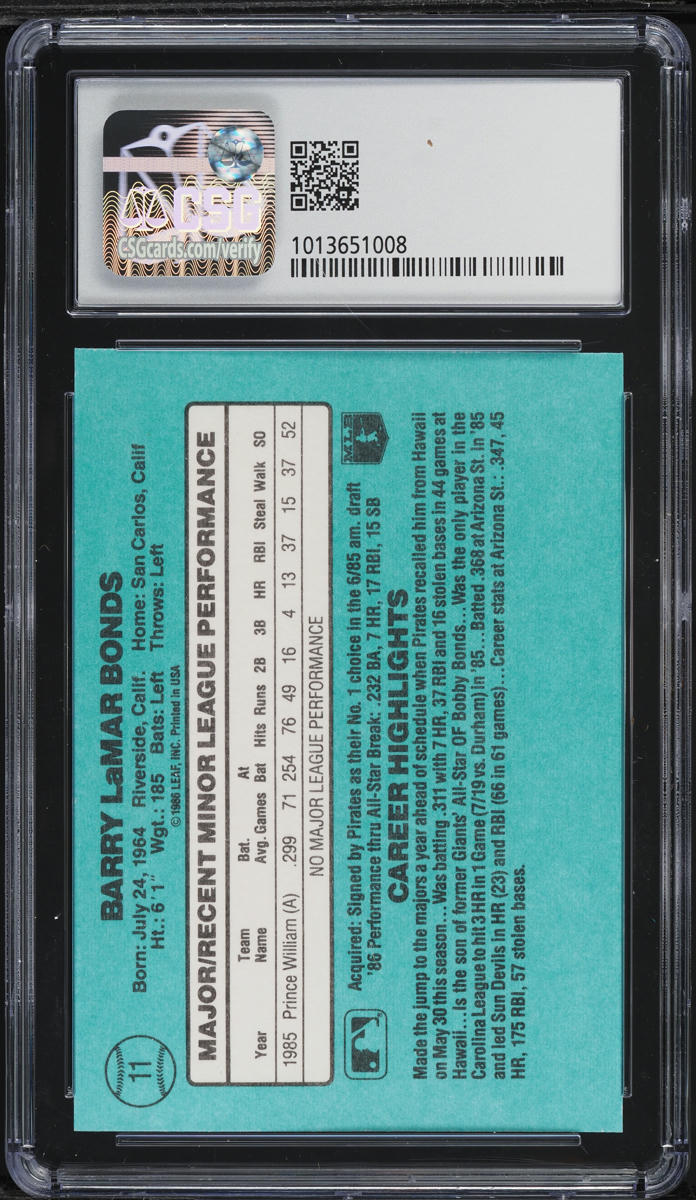 1986 Donruss The Rookies Barry Bonds ROOKIE #11 CSG 8.5 NM-MT+