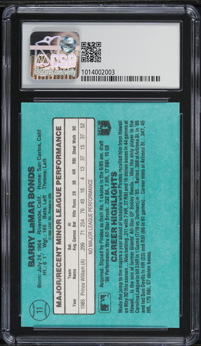 1986 Donruss The Rookies Barry Bonds ROOKIE #11 CSG 9 MINT